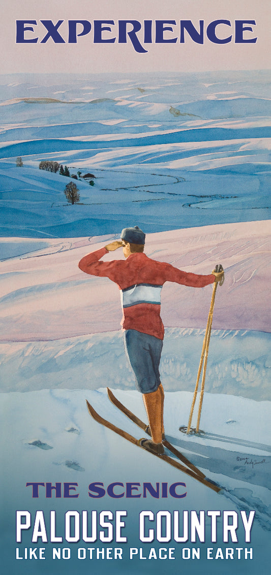 Vintage Look Ski Poster/Print "Ski the Palouse" from Original watercolor