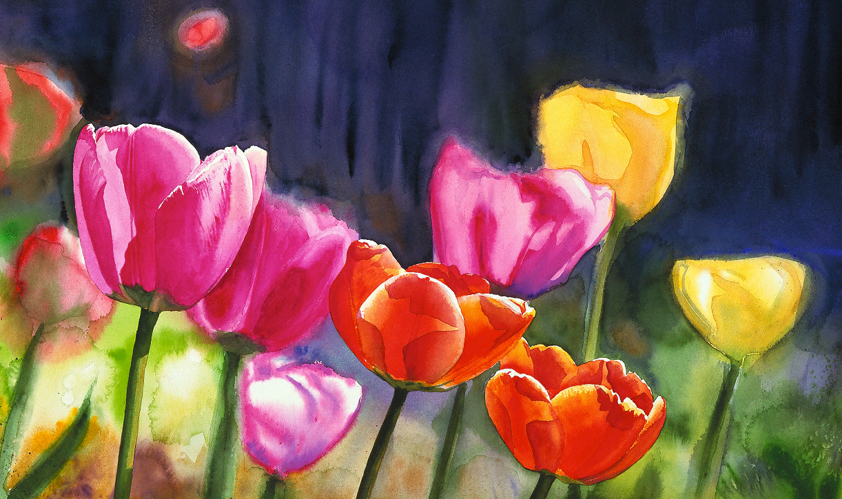 "Sunny Day Tulips" 18"x40" - a limited edition s/n giclee art print  from an original watercolor of tulips glowing in the sun40"