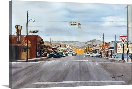 "Main Street Vintage Ketchum" - 16"x22" watercolor Orig. or prints of Kethum/Sun Valley rd. a view from the 1950's