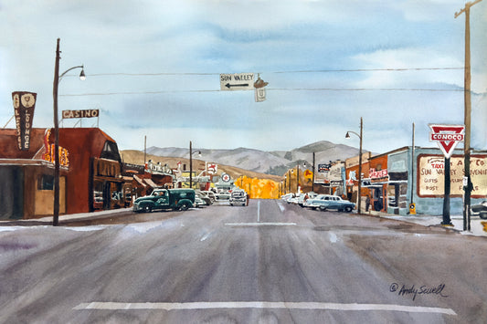 "Main Street Vintage Ketchum" - 16"x22" watercolor Orig. or prints of Kethum/Sun Valley rd. a view from the 1950's