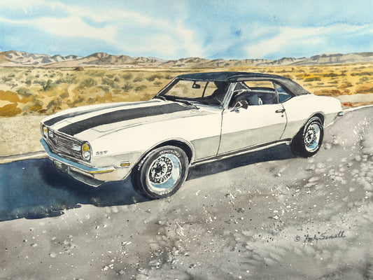 "Desert Camaro" - '1968 white Camaro" 11"x15" Giclee prints from Original Watercolor