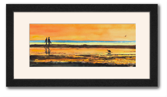 "A walk on the Beach" - Original watercolor or signed edition Giclee reprod. from a watercolor portraying an evening walk on the NW coast