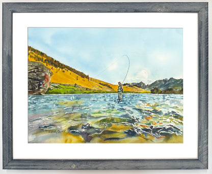 "Bent Rod in the Sawtooths" - an Original watercolor 18x24 or Open Edition Print from a watercolor of a Fly-fisherman on Idaho's upper Salmon River.