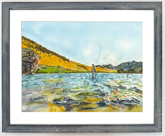 "Bent Rod in the Sawtooths" - an Original watercolor 18x24 or Open Edition Print from a watercolor of a Fly-fisherman on Idaho's upper Salmon River.