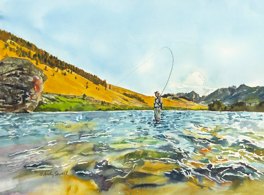 "Bent Rod in the Sawtooths" - an Original watercolor 18x24 or Open Edition Print from a watercolor of a Fly-fisherman on Idaho's upper Salmon River.