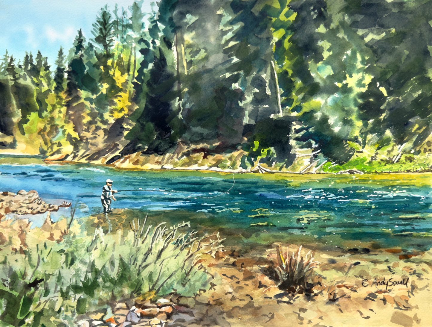 "Blue Water, Long Casts" 12x16 Original watercolor or Giclée reprod.