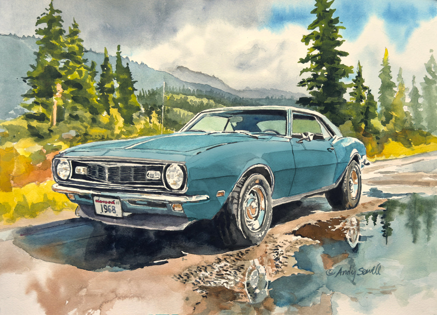 "Desert Camaro" - '1968 white Camaro" 11"x15" Giclee prints from Original Watercolor