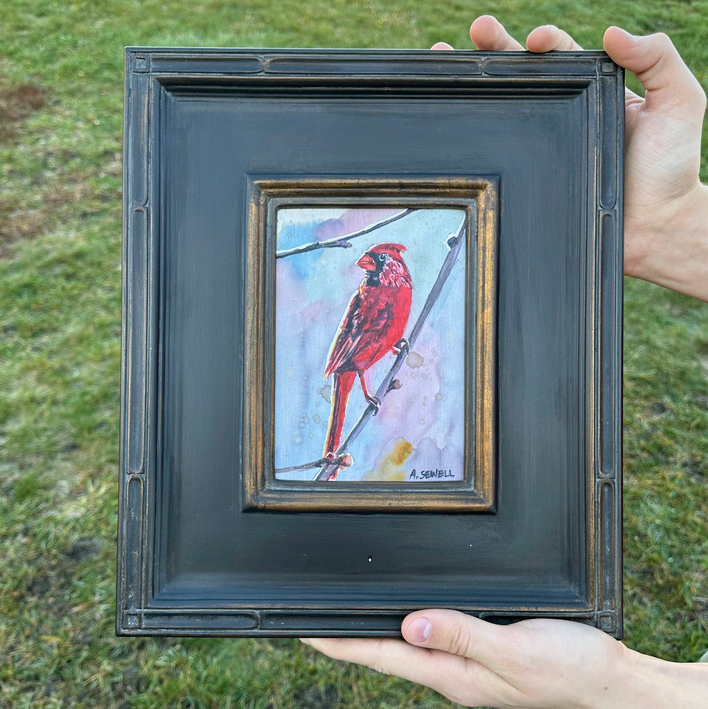 "Winter Cardinal" - Original watercolor of Cardinal on treated board.