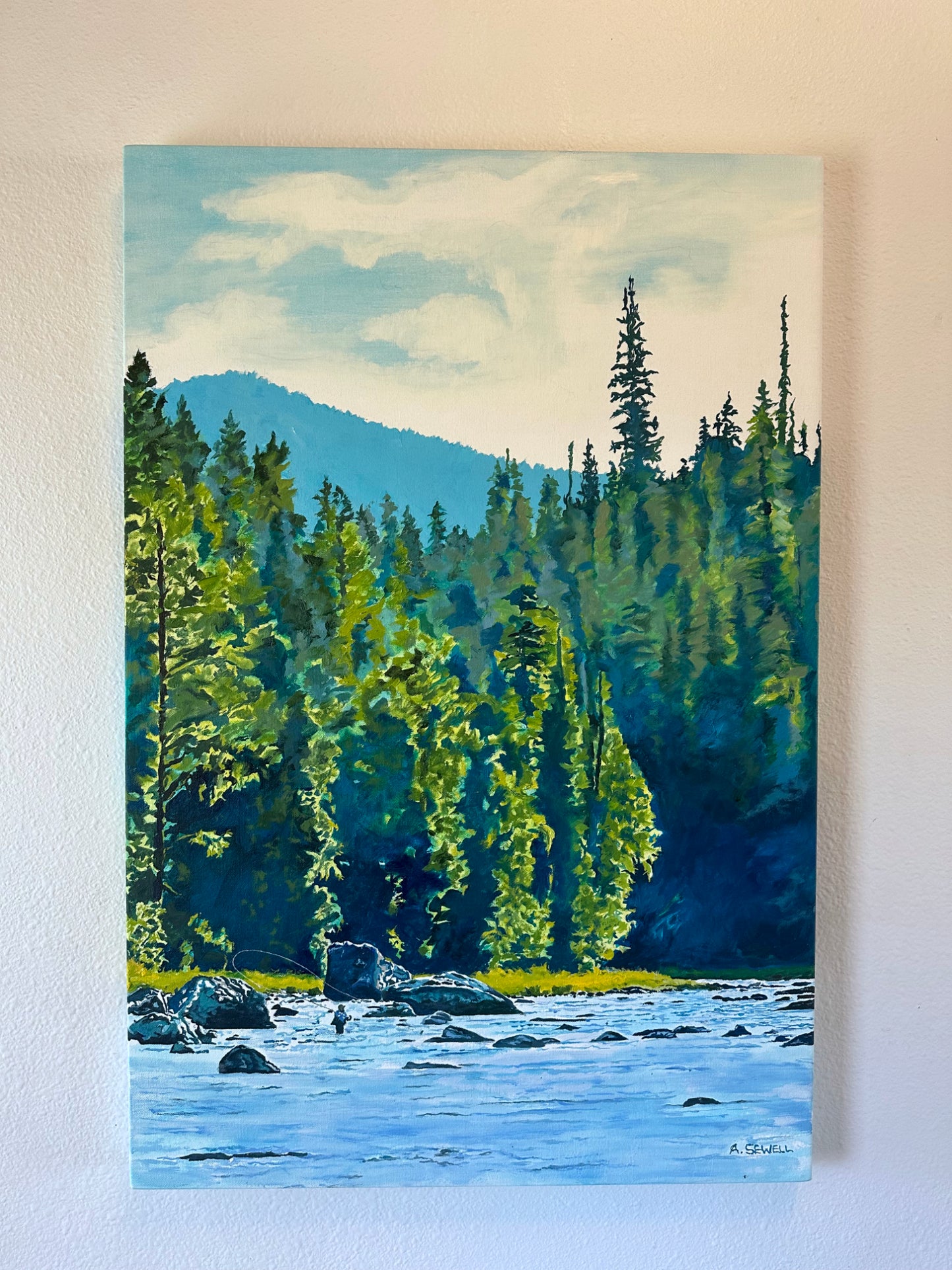 "Casting Among the Rocks" - 24"x36" an oil painting of a Fly-fisherman on North Idaho's Lochsa River.