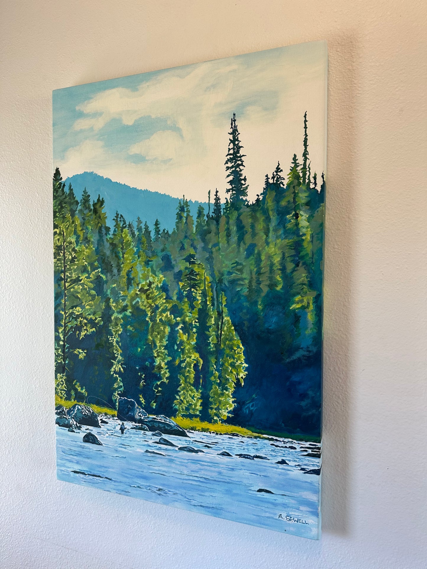 "Casting Among the Rocks" - 24"x36" an oil painting of a Fly-fisherman on North Idaho's Lochsa River.