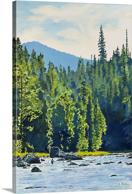 "Casting Among the Rocks" - 24"x36" an oil painting of a Fly-fisherman on North Idaho's Lochsa River.