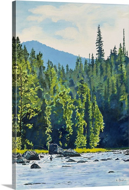 "Casting Among the Rocks" - 24"x36" an oil painting of a Fly-fisherman on North Idaho's Lochsa River.