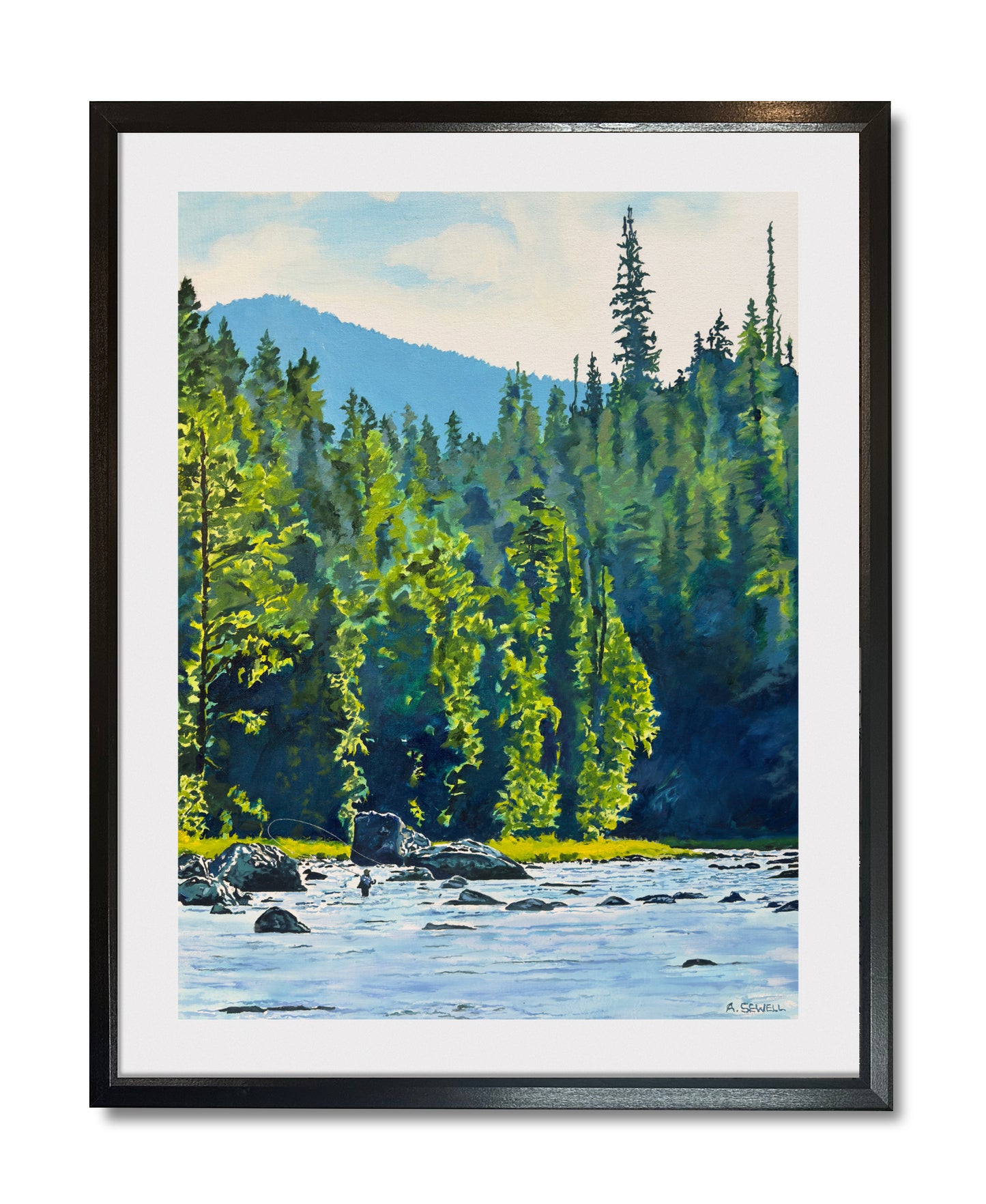 "Casting Among the Rocks" - 24"x36" an oil painting of a Fly-fisherman on North Idaho's Lochsa River.