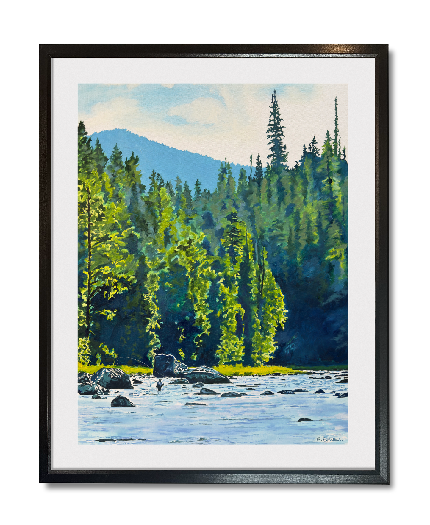 "Casting Among the Rocks" - 24"x36" an oil painting of a Fly-fisherman on North Idaho's Lochsa River.