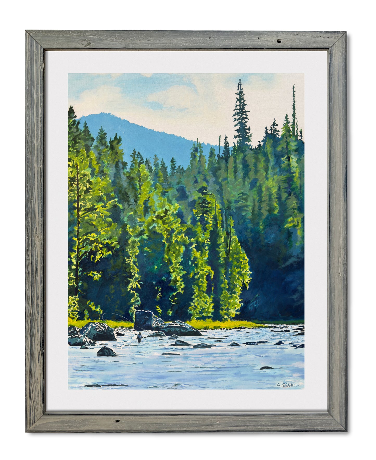 "Casting Among the Rocks" - 24"x36" an oil painting of a Fly-fisherman on North Idaho's Lochsa River.