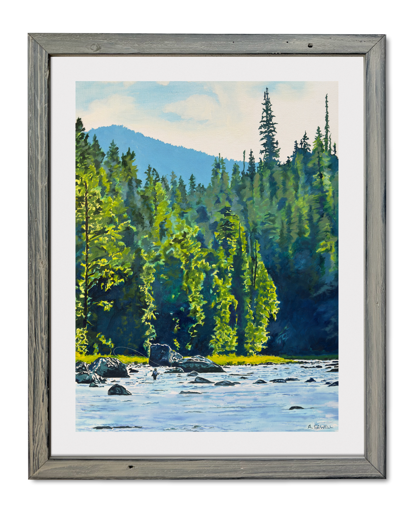 "Casting Among the Rocks" - 24"x36" an oil painting of a Fly-fisherman on North Idaho's Lochsa River.
