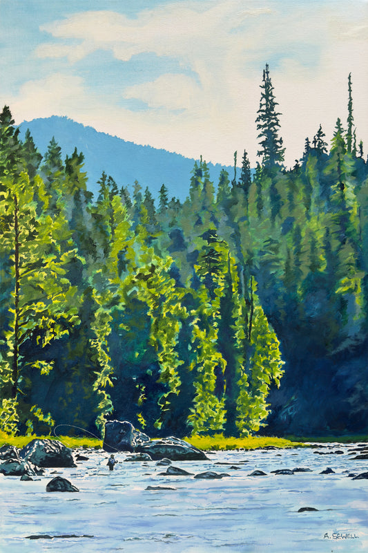 "Casting Among the Rocks" - 24"x36" an oil painting of a Fly-fisherman on North Idaho's Lochsa River.