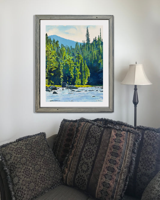 "Casting Among the Rocks" - 24"x36" an oil painting of a Fly-fisherman on North Idaho's Lochsa River.