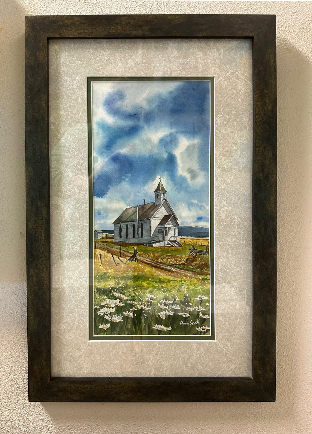 "Churchyard Daisies" 12x20" framed Original watercolor, or signed Giclee Reprod. of an old country church