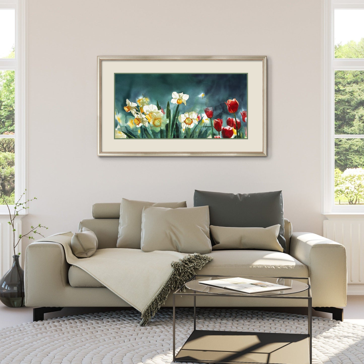 "Daffodil Days" - 19"x 42" A signed edition Giclee art print from an Original watercolor of Daffodils & Tulips