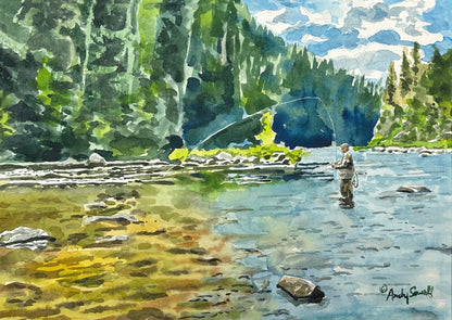 "Fishing into the clear" - 9x12 giclee print from original watercolor framed at 11x14