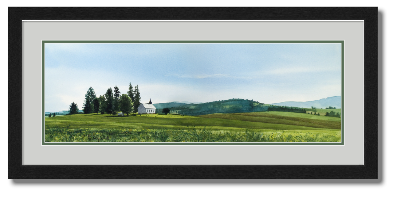 "Freeze Church Peaceful Pastures" 11x30  watercolor Giclee Reprod. of a popular local church