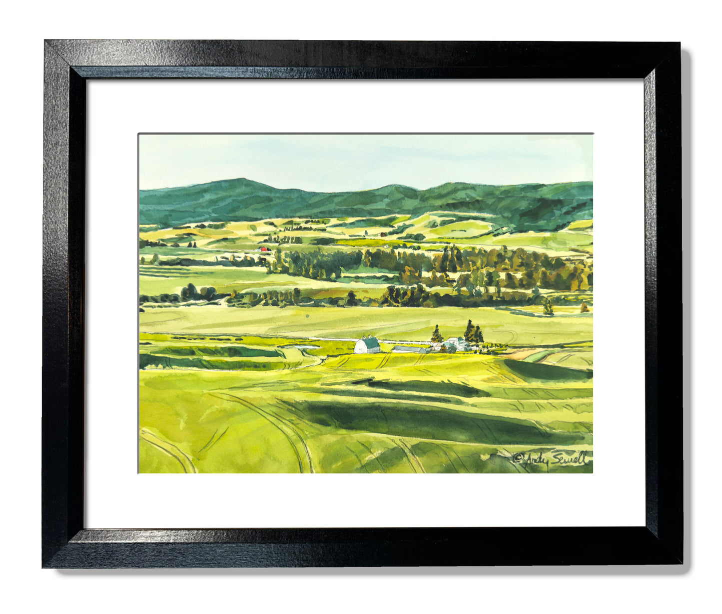 "Palouse Spring Greens" - 10"x14" Original watercolor, framed in 14x18