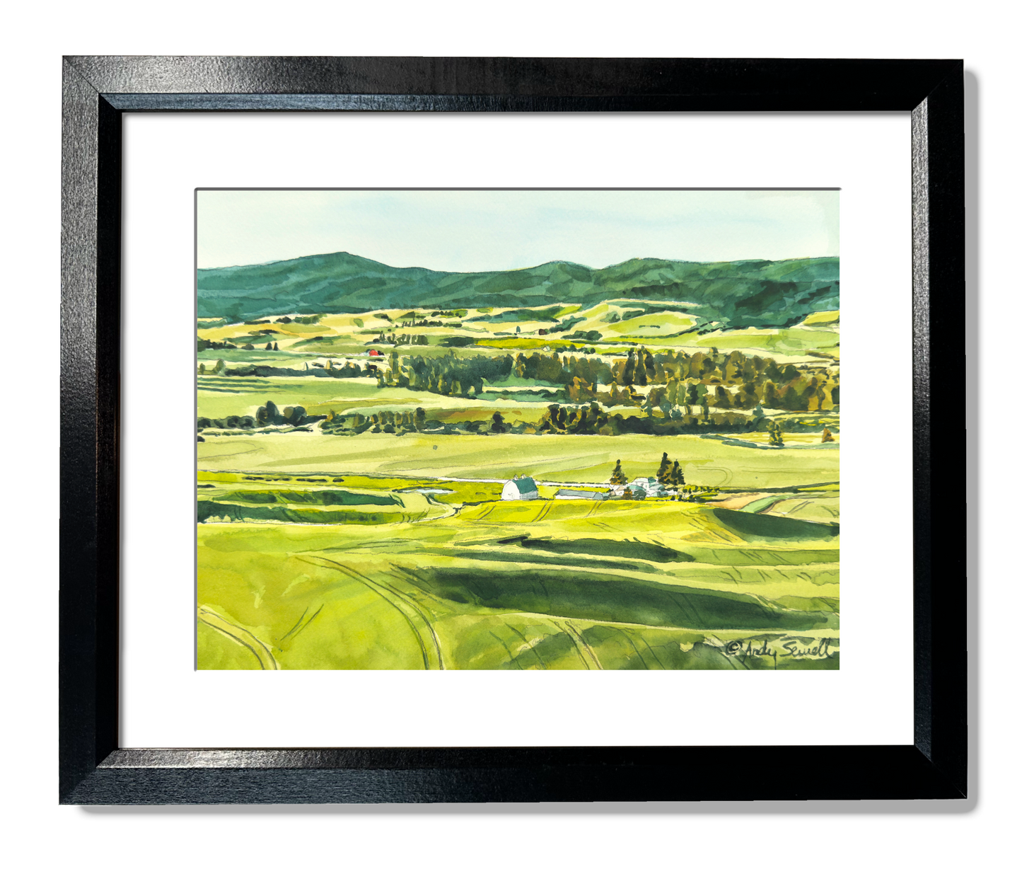 "Palouse Spring Greens" - 10"x14" Original watercolor, framed in 14x18