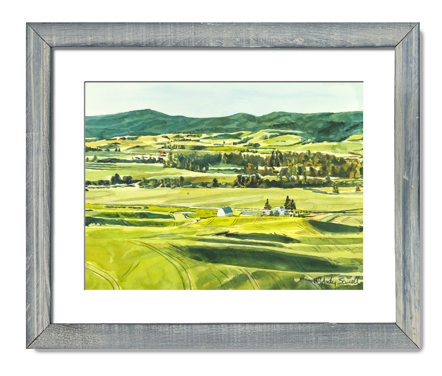 "Palouse Spring Greens" - 10"x14" Original watercolor, framed in 14x18