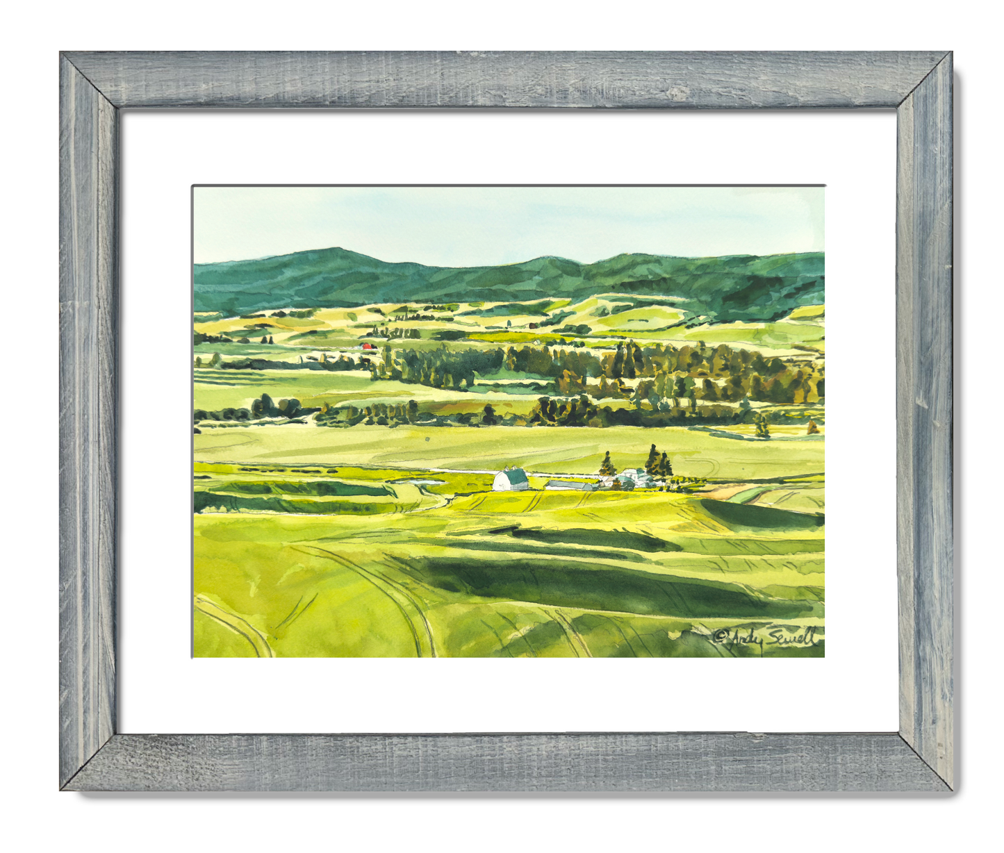 "Palouse Spring Greens" - 10"x14" Original watercolor, framed in 14x18
