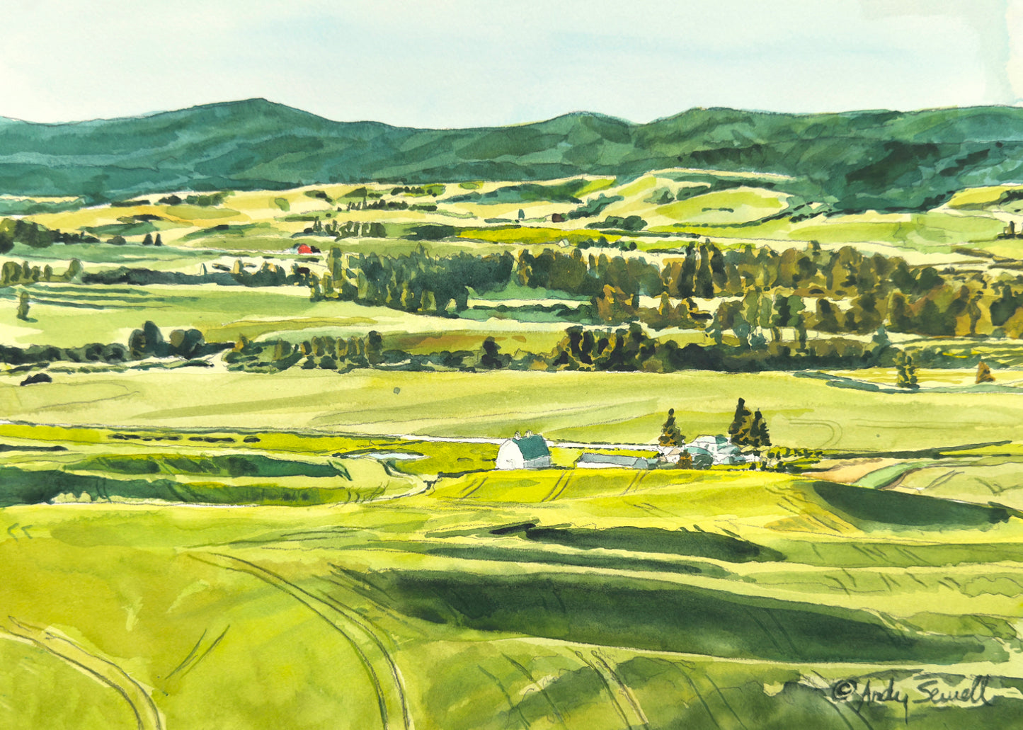 "Palouse Spring Greens" - 10"x14" Original watercolor, framed in 14x18