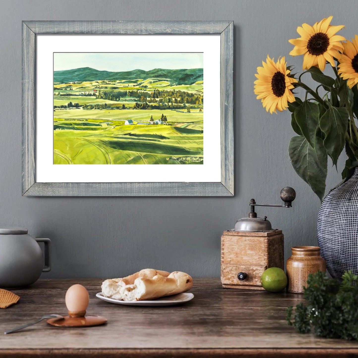 "Palouse Spring Greens" - 10"x14" Original watercolor, framed in 14x18