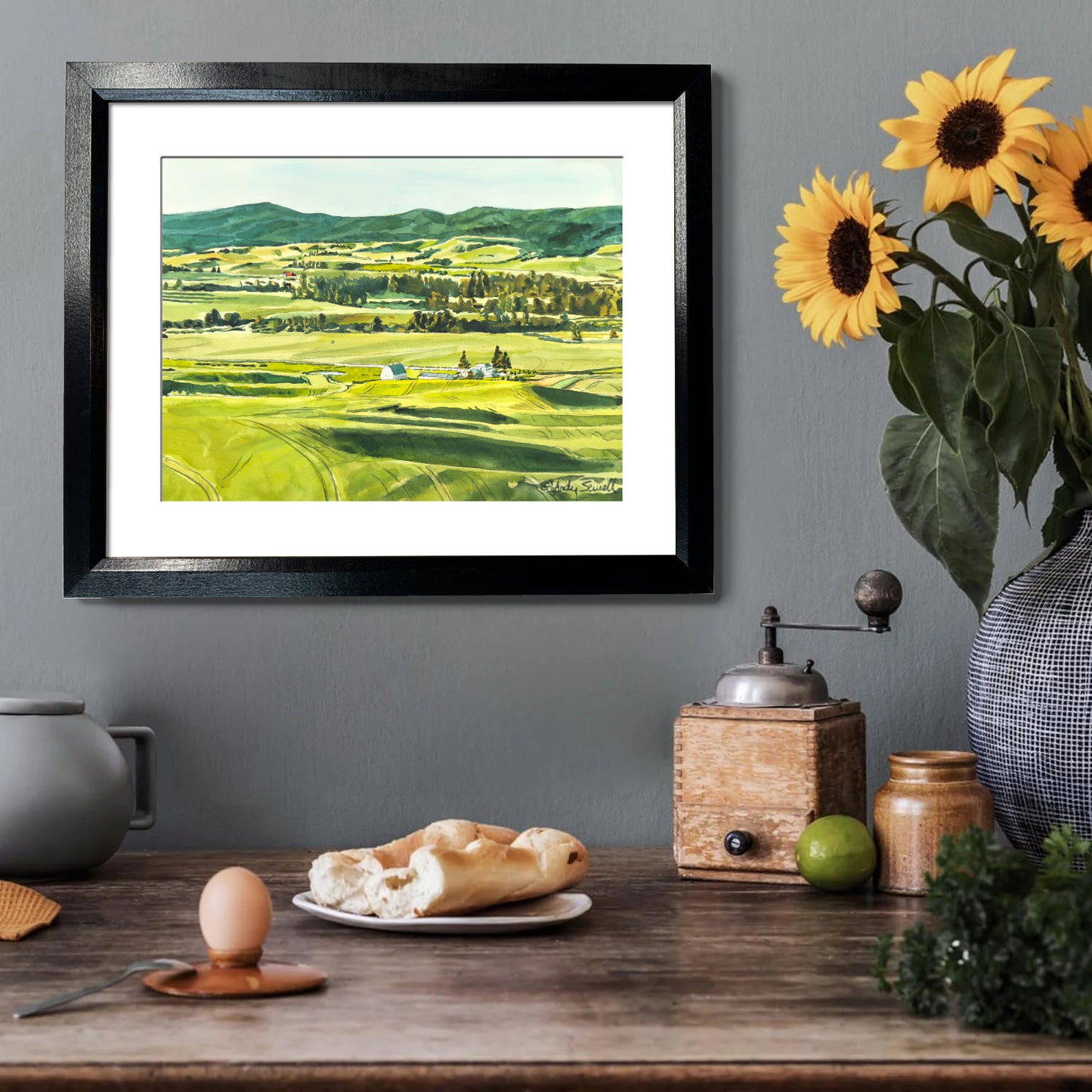 "Palouse Spring Greens" - 10"x14" Original watercolor, framed in 14x18