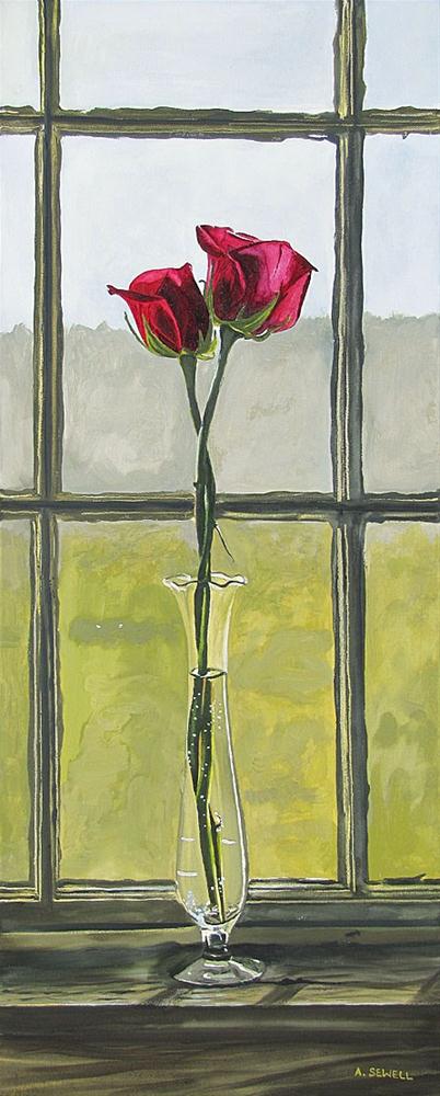 "Intimate Pair" - 12x29 Oil Painting of two roses entwined