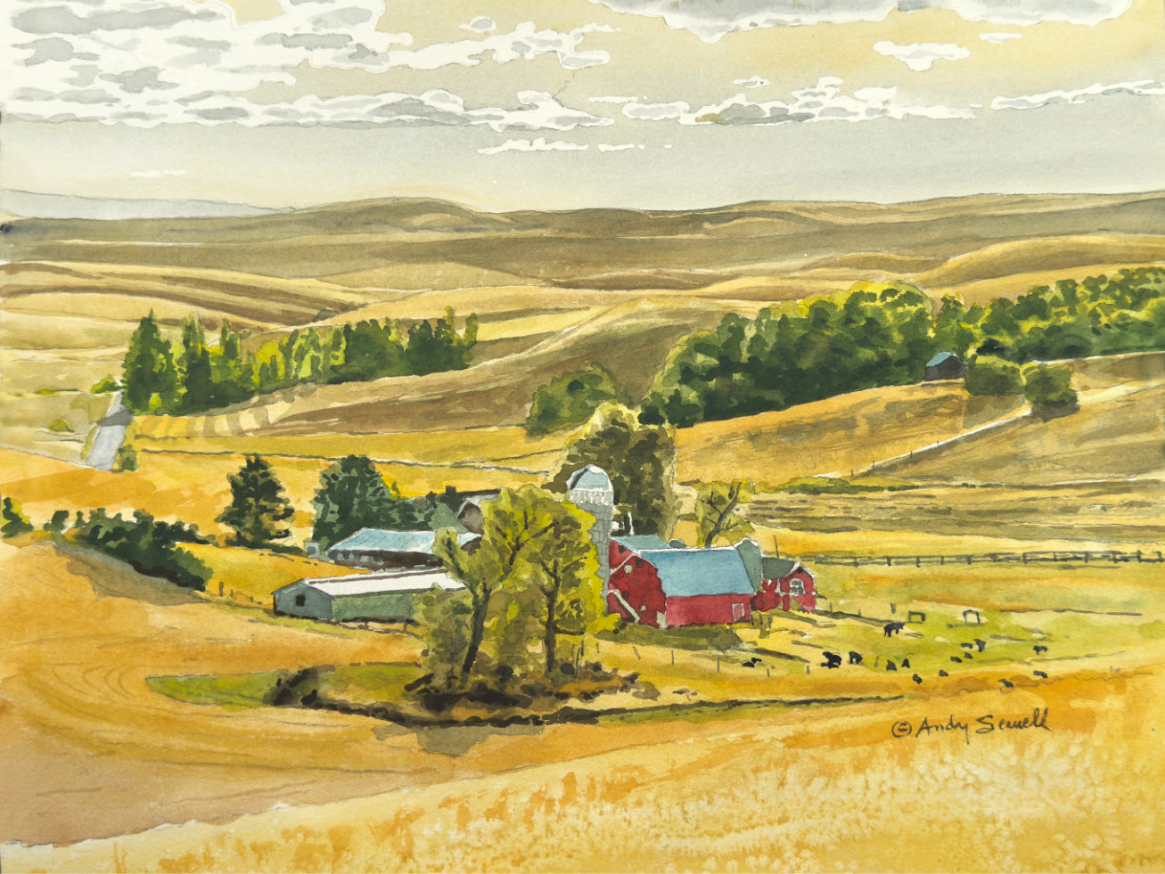 "Red Barn Black Cows" - 12"x16"  giclee prints from watercolor, framed in 16x20
