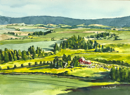 "Red Barn, Green Country" - 10"x14" Original watercolor, or framed in 14x18
