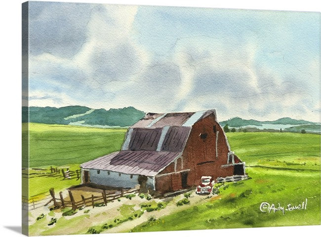 "Red Barn Red Truck Green Hills" - 7"x10" Original watercolor or signed edition giclee art print