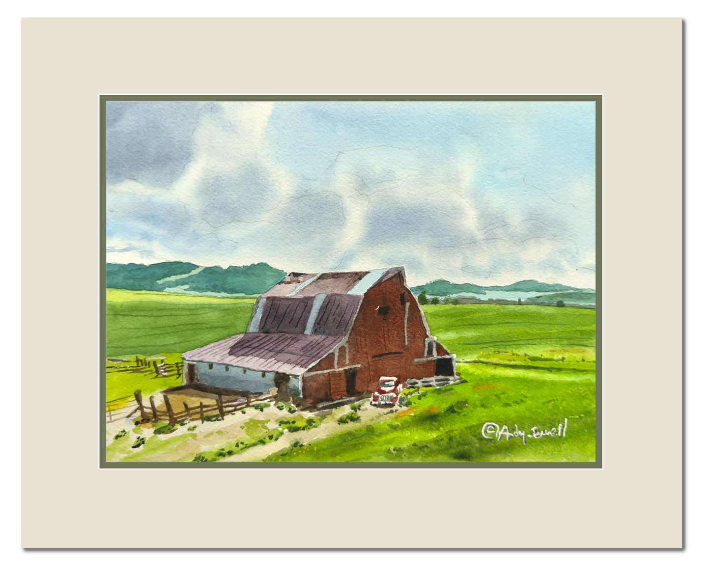 "Red Barn Red Truck Green Hills" - 7"x10" Original watercolor or signed edition giclee art print