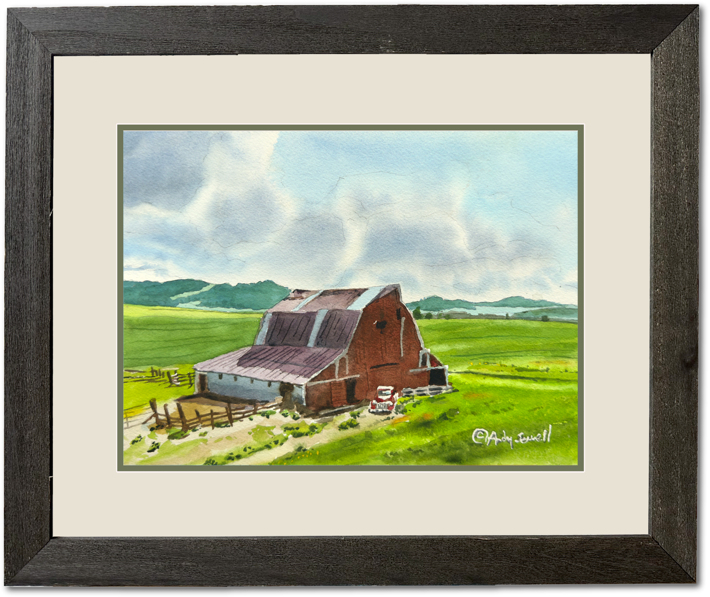 "Red Barn Red Truck Green Hills" - 7"x10" Original watercolor or signed edition giclee art print