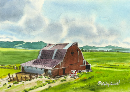 "Red Barn Red Truck Green Hills" - 7"x10" Original watercolor or signed edition giclee art print