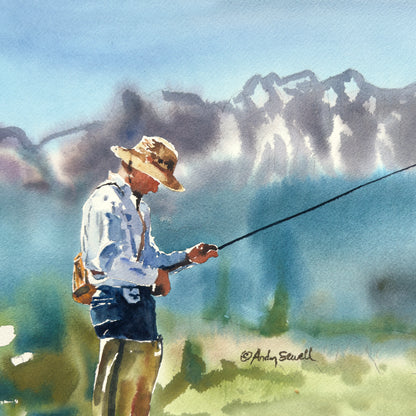 "Reeling it in" - 10x12 original watercolor framed at 12x12