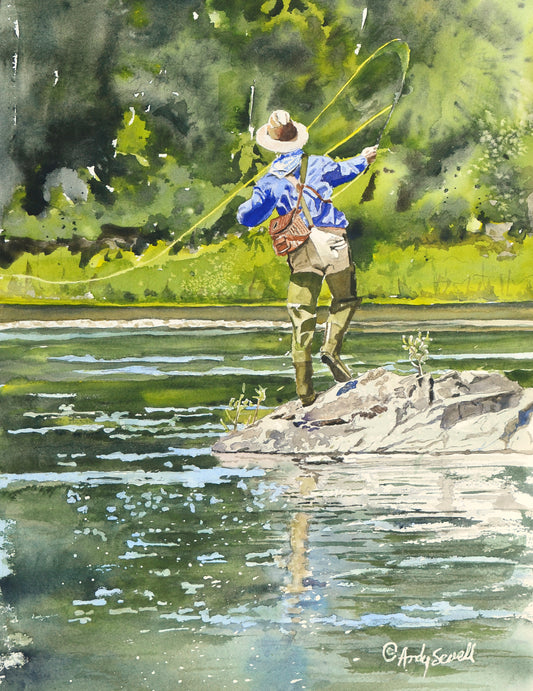 "River Dance" Vintage flyfisherman, Giclée reprod. from watercolor