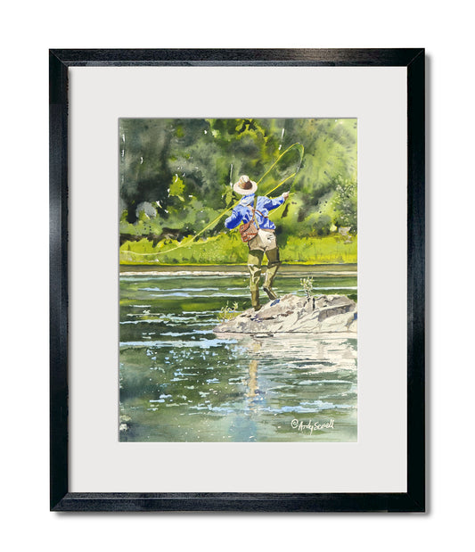 "River Dance" Vintage flyfisherman, Giclée reprod. from watercolor