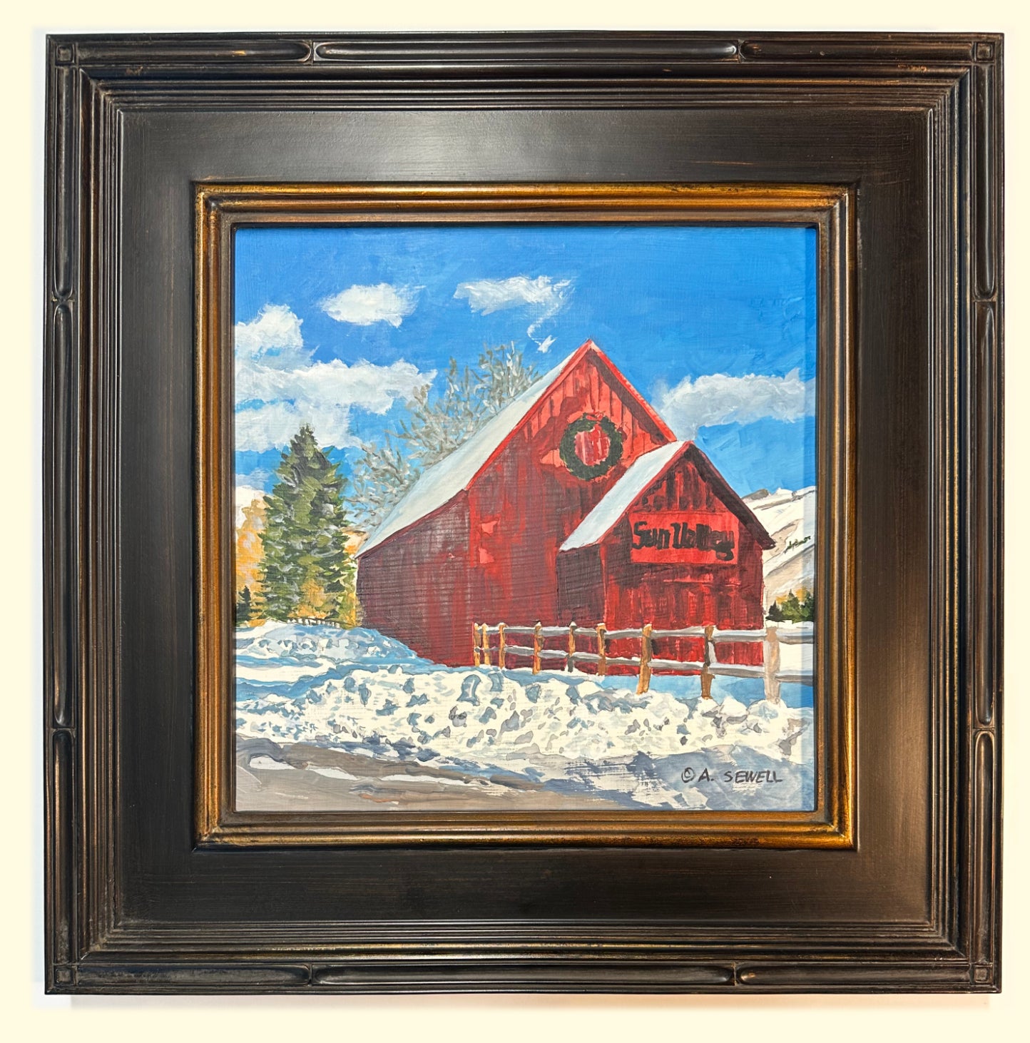 "Sun Valley Red Barn Winter" - 12"x12" acrylic of Sun Valley's Red Barn (prints available)