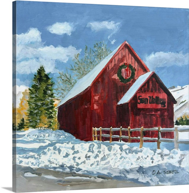 "Sun Valley Red Barn Winter" - 12"x12" acrylic of Sun Valley's Red Barn (prints available)