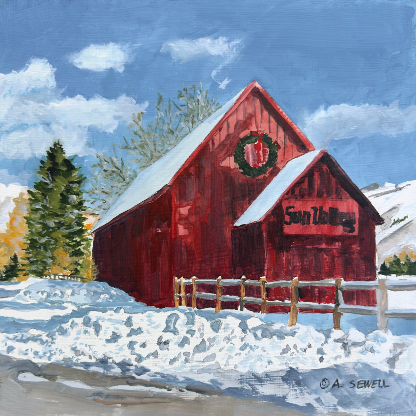 "Sun Valley Red Barn Winter" - 12"x12" acrylic of Sun Valley's Red Barn (prints available)