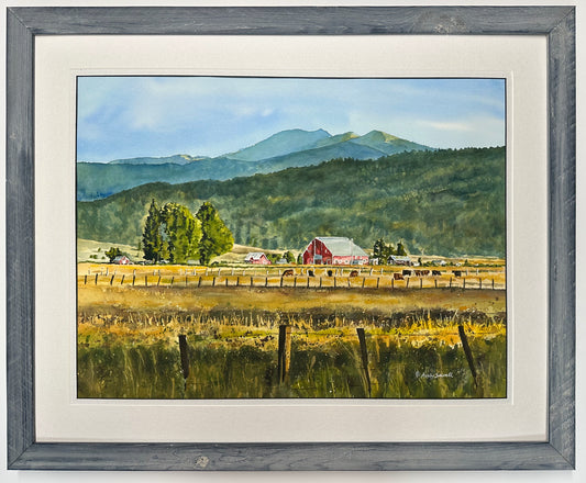 "Red Barn at Jughandle Mountain" - an Original 18x24 Watercolor or Open Edition Print