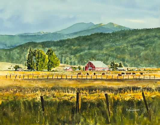 "Red Barn at Jughandle Mountain" - an Original 18x24 Watercolor or Open Edition Print