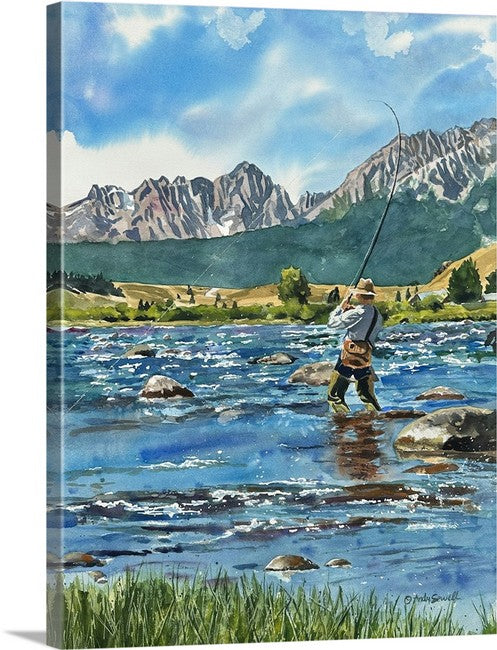 "Tight Lines" - an Original Watercolor Painting or Open Edition Print of a Fly-fisherman on Idaho's upper Salmon River.
