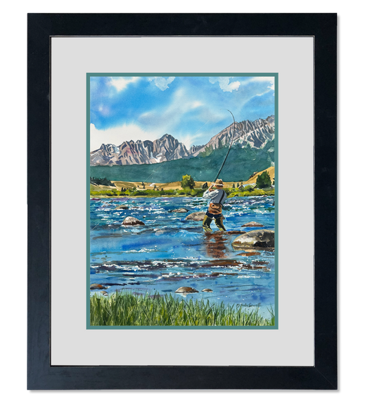 "Tight Lines" - an Open Edition Print from a watercolor of a Fly-fisherman on Idaho's upper Salmon River.